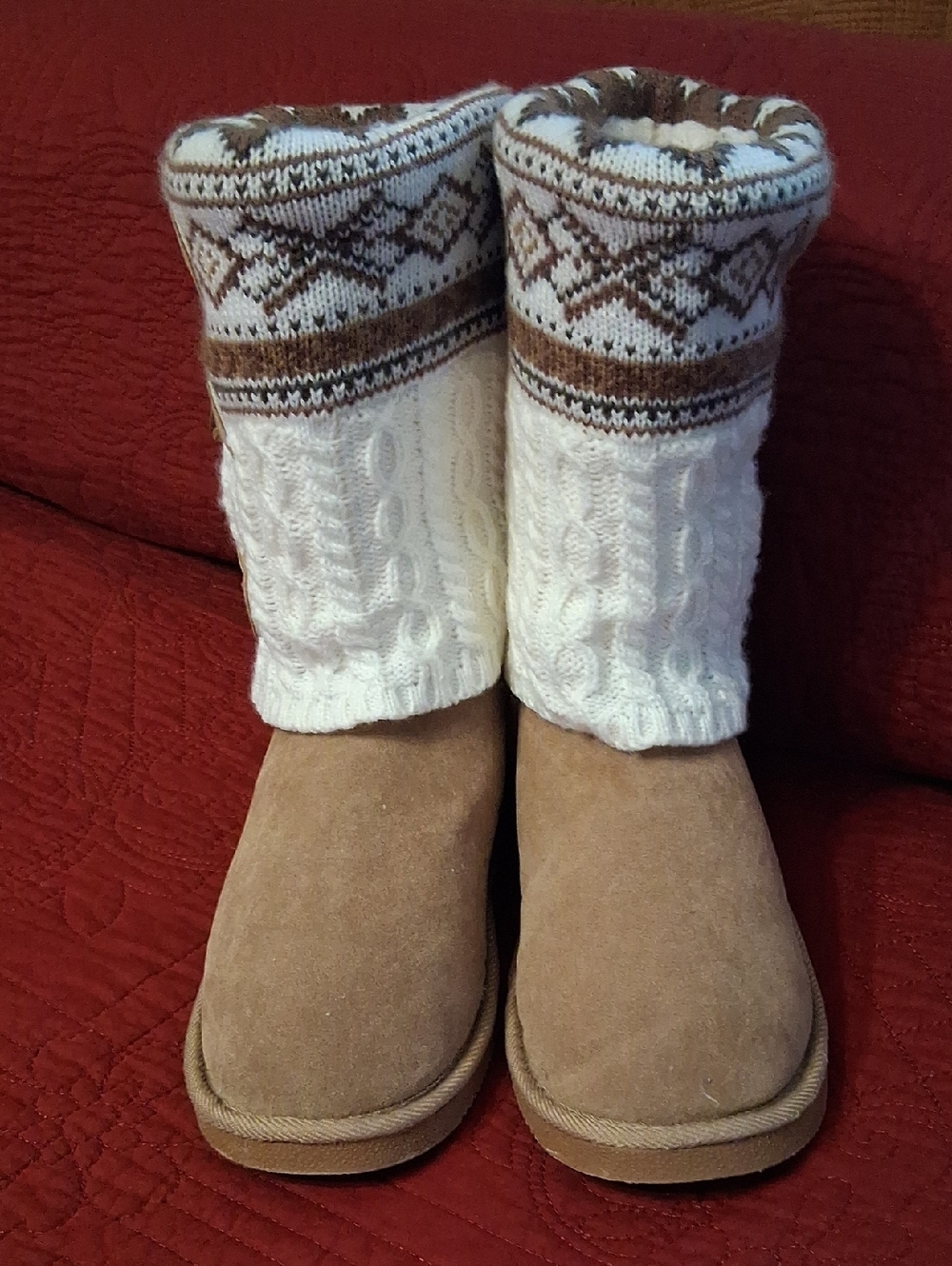 Luk Ees By Muk Luks Knit Button Accent Boot in Cream & Tan - Picture 2 of 10
